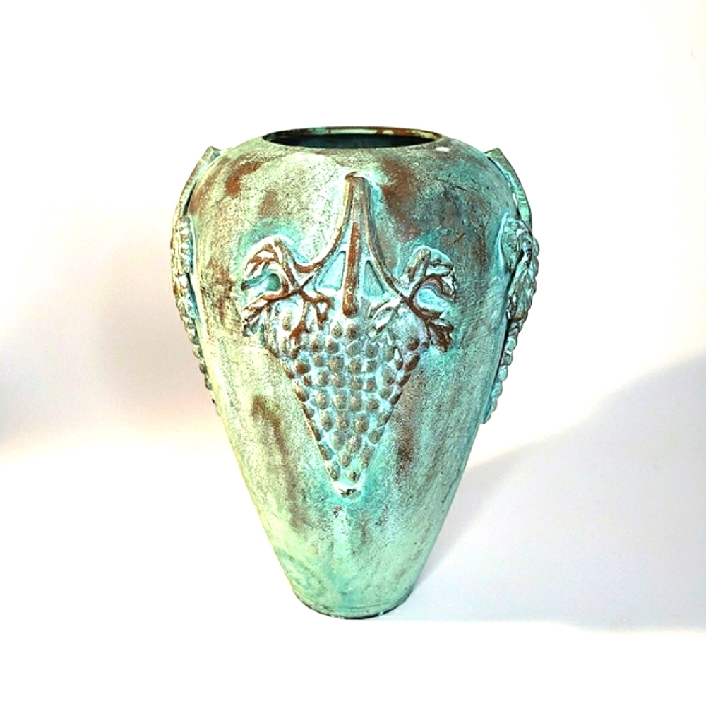 Vintage Brass Applied Grape Design Green Blue Verdigris 7" Vase Urn